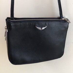 Zadig & Voltaire black leather crossbody bag silver wings logo 2 zipper pouches